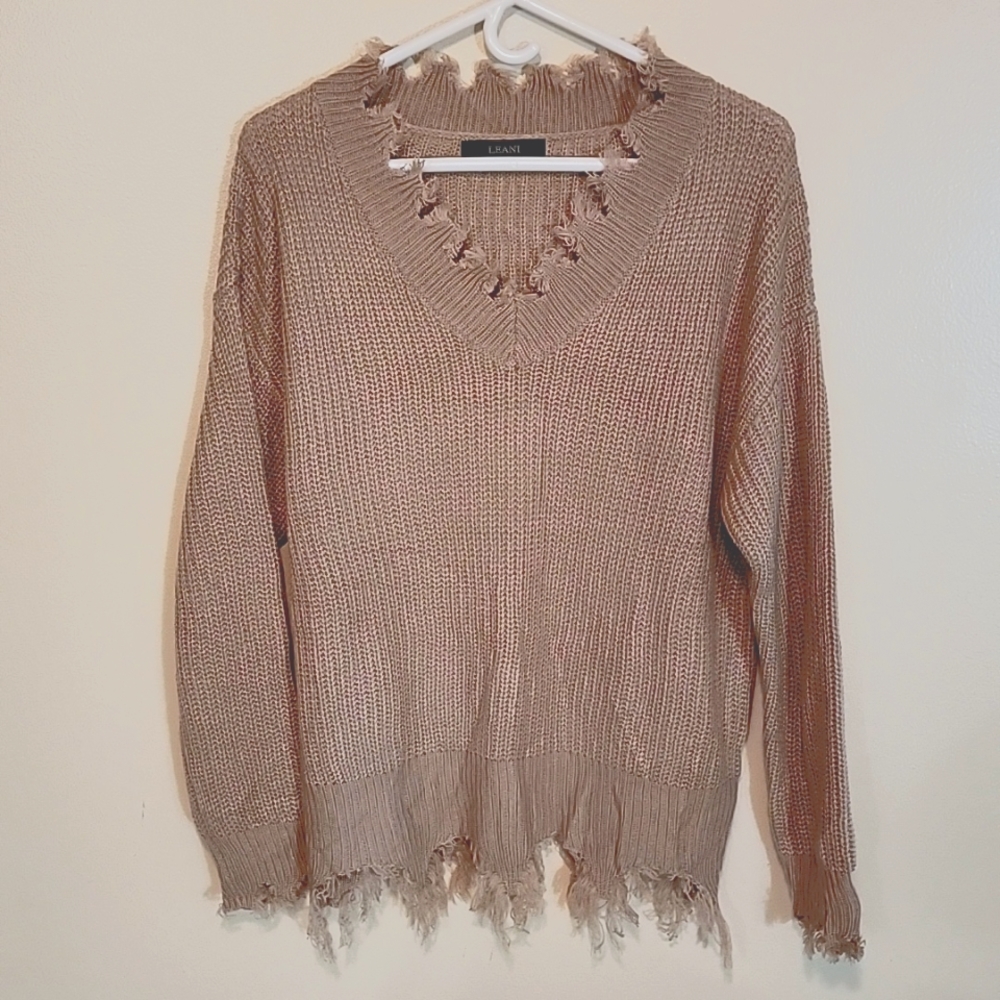 Leani Womens V neck Sweater with Fringe Camel Color L